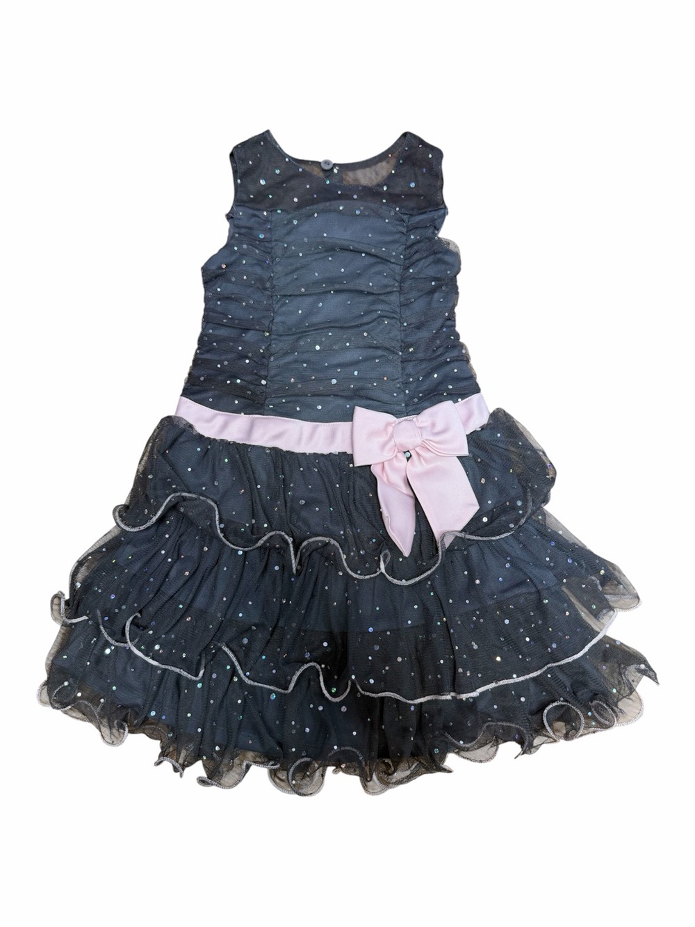 Bonnie Jean Girls Size 4 Grey Sparkle Mesh Ruffle Party Dress Pink Bow Holiday